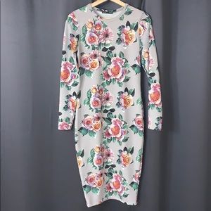 ZARA FLORAL POLYAMIDE BODYCON DRESS long sleeves